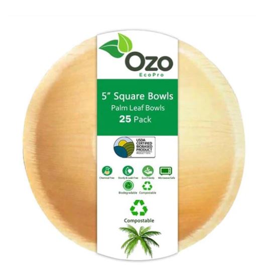 Ozo EcoPro 5" Round Bowls Palm Leaf [25-Pack] Eco-Friendly Disposable Plates, Compostable Disposable, Palm Leaf Plates, Square Bamboo Plates Disposable, Natural Leaf Plates, Recyclable Palm Plates, Eco Party Plates, Natural Disposable Dinnerware