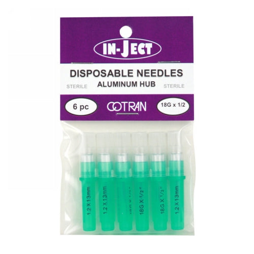 In-Ject Disposable Hypodermic Needles 18 x 1/2" Green 6 Packets by Cotran Corporation