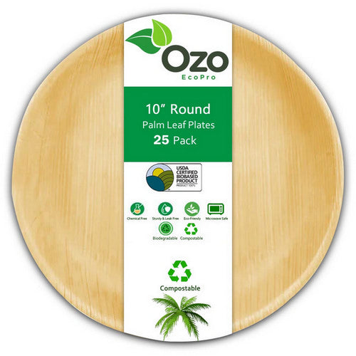 Ozo EcoPro 10" Round Palm Leaf Plates [25 Pack] Eco-Friendly Disposable Plates, Compostable Disposable, Palm Leaf Plates, Round Bamboo Plates Disposable, Natural Leaf Plates, Recyclable Palm Plates, Eco Party Plates, Natural Disposable Dinnerware