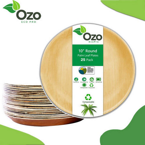 Ozo EcoPro 10" Round Palm Leaf Plates [25 Pack] Eco-Friendly Disposable Plates, Compostable Disposable, Palm Leaf Plates, Round Bamboo Plates Disposable, Natural Leaf Plates, Recyclable Palm Plates, Eco Party Plates, Natural Disposable Dinnerware