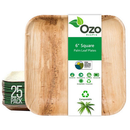 Ozo EcoPro 6" Square Palm Leaf Plates [25-Pack] Eco-friendly disposable plates, Compostable Disposable, Palm leaf plates, Square bamboo plates disposable, Natural leaf plates, Recyclable palm plates, Eco party plates, Natural disposable dinnerware