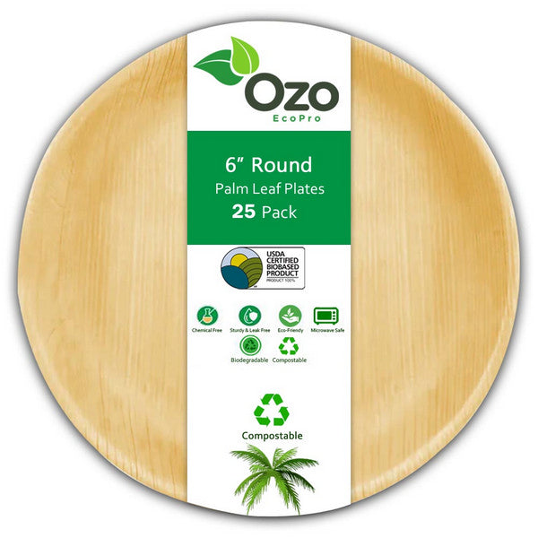 Ozo EcoPro 6" Round Palm Leaf Plates [25 Pack] Eco-Friendly Disposable Plates, Compostable Disposable, Palm Leaf Plates, r Bamboo Plates Disposable, Natural Leaf Plates, Recyclable Palm Plates, Eco Party Plates, Natural Disposable Dinnerware