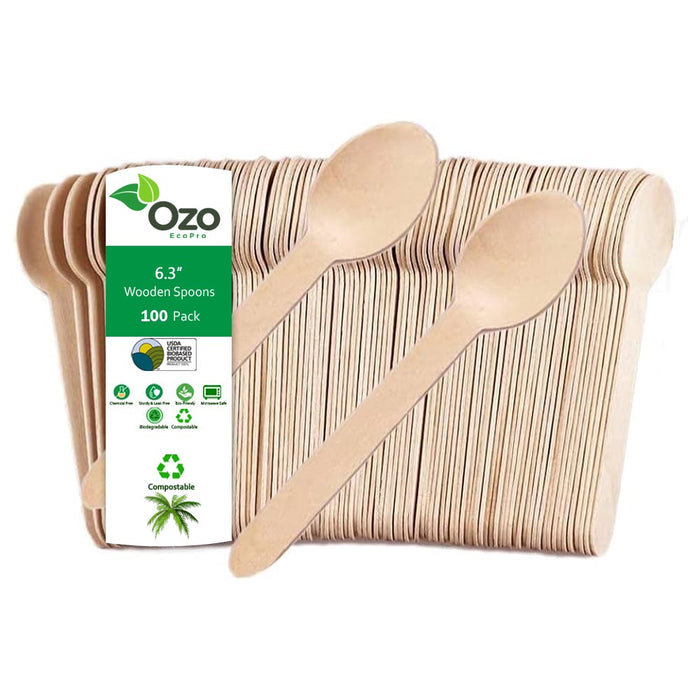 Ozo EcoPro Wooden Spoons 6.3" 100 Packets - 100% All-Natural, Eco-Friendly, Biodegradable and Compostable, Earth-friendly dining choices, All-natural wooden Spoons, Sustainable dining