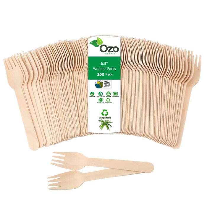 Ozo EcoPro Wooden Forks 6.3" 100 Packets - 100% All-Natural, Eco-Friendly, Biodegradable and Compostable, Earth-friendly dining choices, All-natural wooden forks, Sustainable dining
