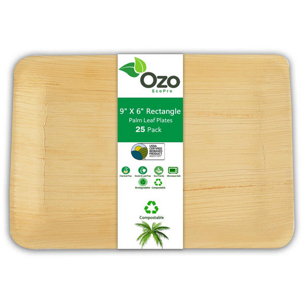 Ozo EcoPro 9"X6" Rectangle Palm Leaf Plates [25-Pack] Eco-friendly disposable plates, Compostable Disposable, Palm leaf plates, Square bamboo plates disposable, Natural leaf plates, Recyclable palm plates, Eco party plates, Natural disposable dinnerware