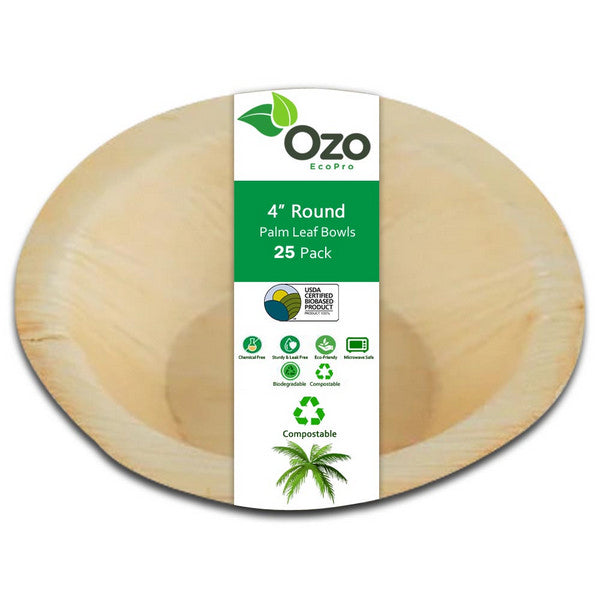 Ozo EcoPro 4" Round Bowl Palm Leaf Plates [25-Pack] Eco-friendly disposable plates, Compostable Disposable, Palm leaf plates, Square bamboo plates disposable, Natural leaf plates, Recyclable palm plates, Eco party plates, Natural disposable dinnerware