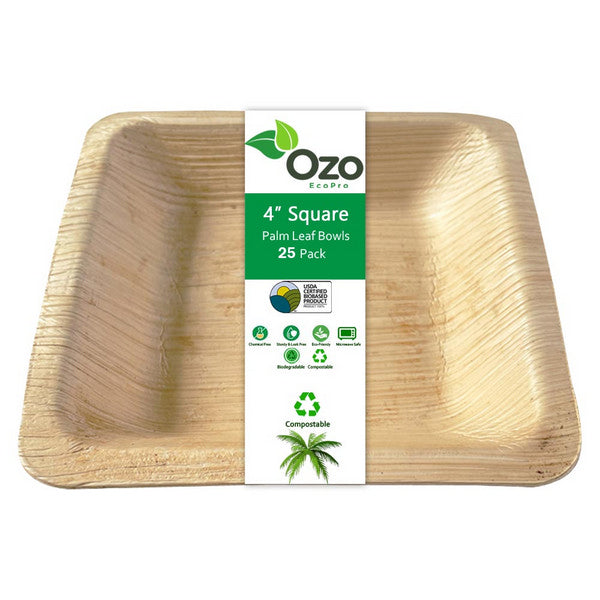 Ozo EcoPro 4" Square Bowl Palm Leaf Plates [25-Pack] Eco-friendly disposable plates, Compostable Disposable, Palm leaf plates, Square bamboo plates disposable, Natural leaf plates, Recyclable palm plates, Eco party plates, Natural disposable dinnerware