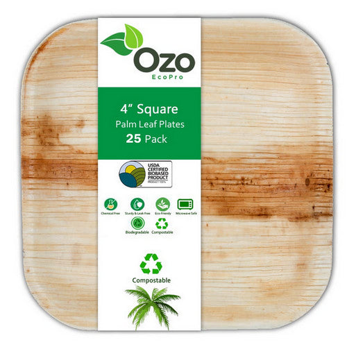 Ozo EcoPro 4" Square Palm Leaf Plates [25-Pack] Eco-friendly disposable plates, Compostable Disposable, Palm leaf plates, Square bamboo plates disposable, Natural leaf plates, Recyclable palm plates, Eco party plates, Natural disposable dinnerware