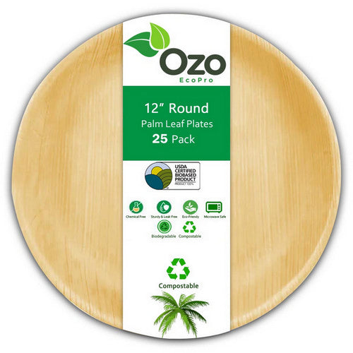 Ozo EcoPro 12" Round Palm Leaf Plates [25-Pack] Eco-Friendly Disposable Plates, Compostable Disposable, Palm Leaf Plates, Square Bamboo Plates Disposable, Natural Leaf Plates, Recyclable Palm Plates, Eco Party Plates, Natural Disposable Dinnerware