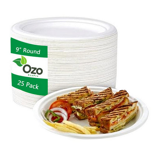 Ozo EcoPro Sugarcane Round Plates 9" - 25 Packets - Eco-Conscious Dinnerware, Compostable & Chemical-Free, Hygienic Serving Plates, Bio-Based & Disposable, Biodegradable Compostable Disposable