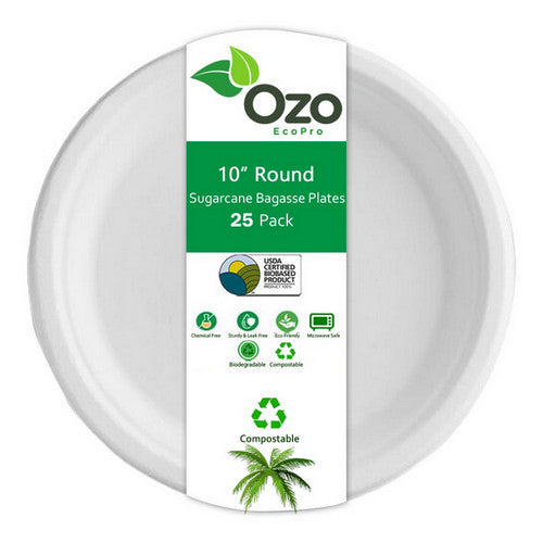 Ozo EcoPro Sugarcane Plates Round 10" - 25 Packets - Eco-Conscious Dinnerware, Compostable & Chemical-Free, Hygienic Serving Plates, Bio-Based & Disposable, Biodegradable Compostable Disposable