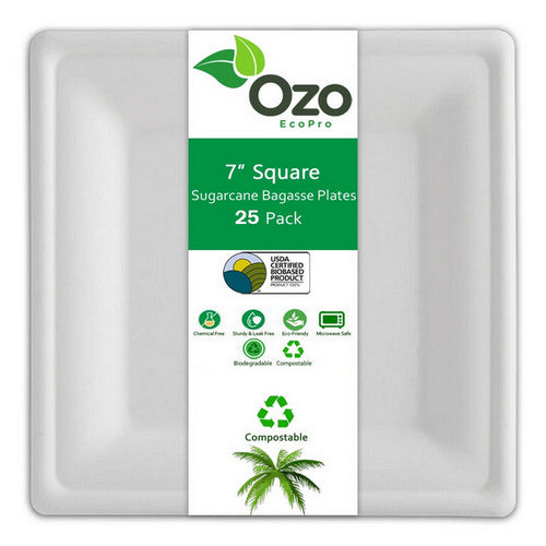 Ozo EcoPro Sugarcane Square Plates 7"- 25 Packets - Eco-Conscious Dinnerware, Compostable & Chemical-Free, Hygienic Serving Plates, Bio-Based & Disposable, Biodegradable Compostable Disposable