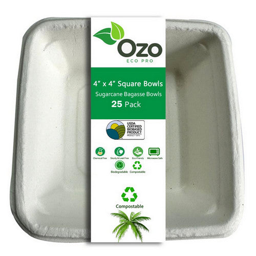 Ozo EcoPro Sugarcane 4"x 4" Square Bowl - 25 Packets - Eco-Conscious Dinnerware, Compostable & Chemical-Free, Hygienic Serving Bowls, Bio-Based & Disposable, Biodegradable Compostable Disposable