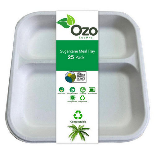 Ozo EcoPro Sugarcane Meal Tray - 25 Packets - Eco-Conscious Dinnerware, Compostable & Chemical-Free, Hygienic Serving Meal Trays, Bio-Based & Disposable, Biodegradable Compostable Disposable