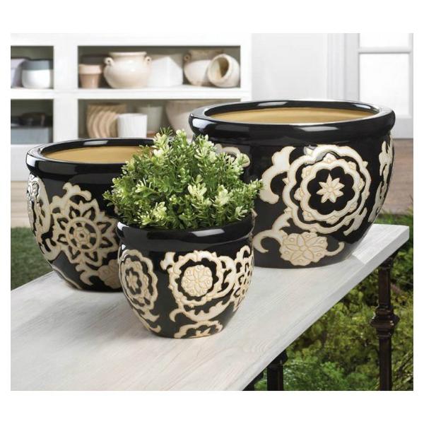 Black Floral Ceramic Planter Set - Giftscircle