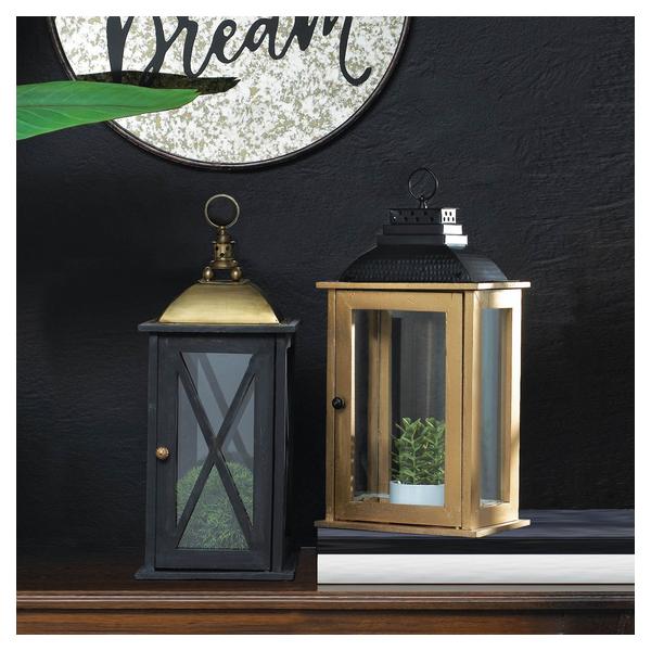 Black Wood Candle Lantern with Bold Metal Top - 21 inches - Giftscircle