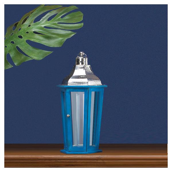 Blue Wood Candle Lantern with Stainless Steel Top - 20 inches - Giftscircle