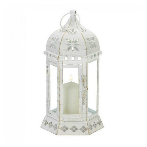 Distressed White Metal Lantern with Floral Cutouts - 10.5 inches - Giftscircle
