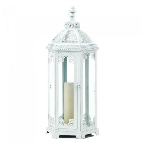 Distressed White Metal Vintage-Look Candle Lantern - 25 inches - Giftscircle
