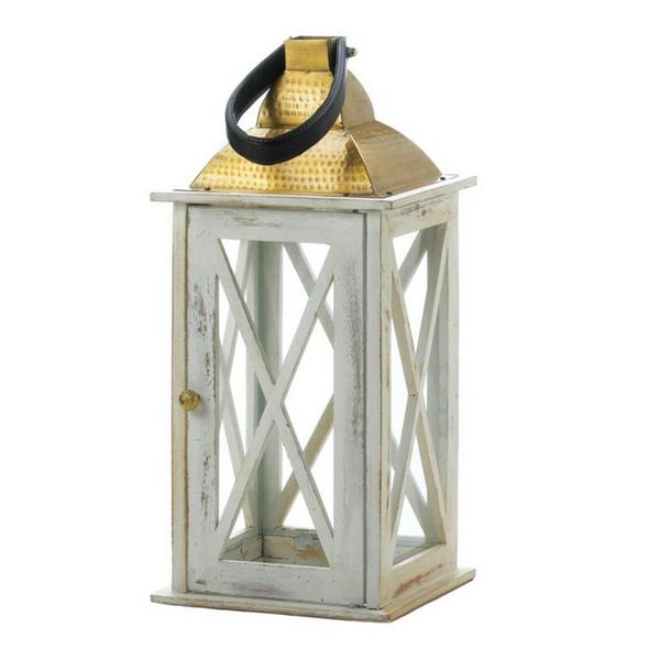 Distressed White Wood Candle Lantern with Gold Top - 19 inches - Giftscircle