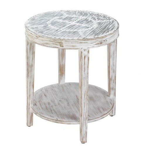 Distressed Wood Round Side Table with Metal Top - Giftscircle