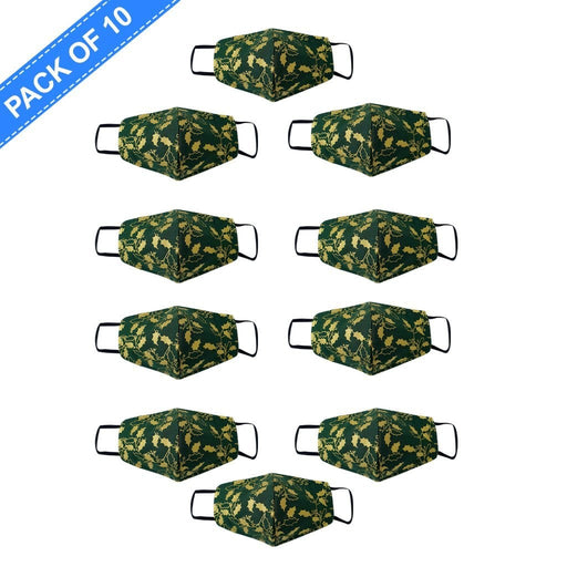 Fancy Cloth Face Mask Holly Green & Gold Pack of 10 by Giftscircle - Giftscircle