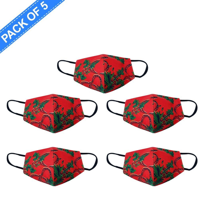 Fancy Cloth Face Mask Mistletoe Red Pack of 5 by Giftscircle - Giftscircle