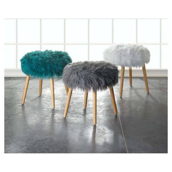 Faux Fur Stool with Wood Legs - Turquoise - Giftscircle