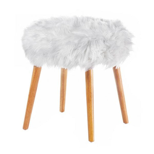 Faux Fur Stool with Wood Legs - White - Giftscircle