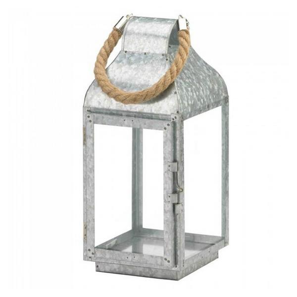 Galvanized Metal Candle Lantern with Rope Handle - 13 inches - Giftscircle
