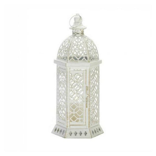 Lacy Cutout Distressed White Candle Lantern - 15.5 inches - Giftscircle