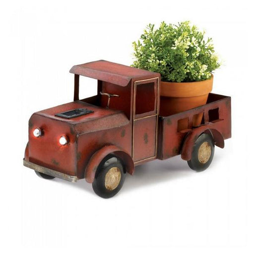 Metal Red Truck Planter with Solar-Powered Headlights - Giftscircle