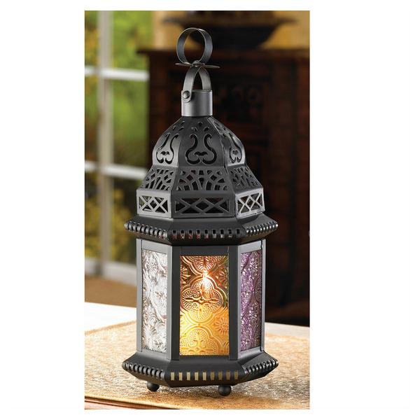 Multi-Colored Glass Moroccan Candle Lantern - 10 inches - Giftscircle