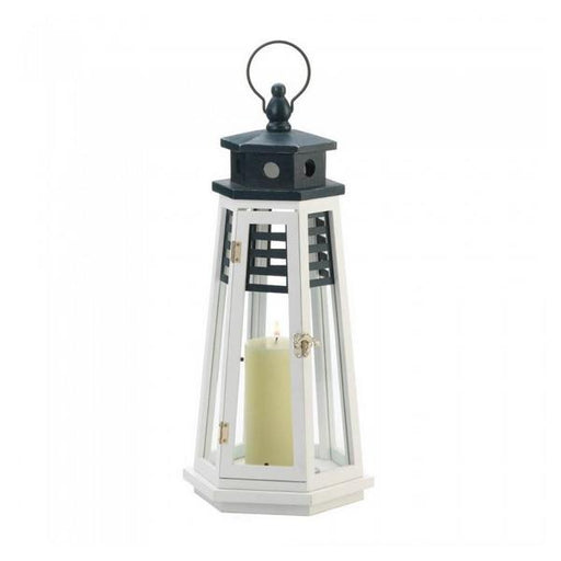Navy Blue and White Wood Lighthouse Candle Lantern - 19 inches - Giftscircle