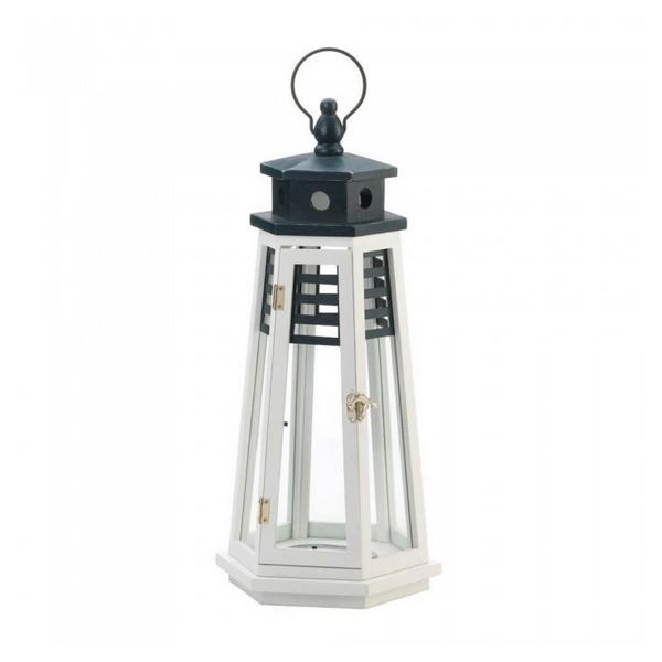 Navy Blue and White Wood Lighthouse Candle Lantern - 19 inches - Giftscircle