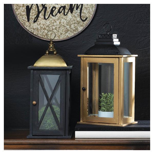 Rectangular Wood Candle Lantern with Black Metal Top - 25 inches - Giftscircle