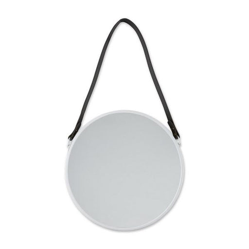 Round Hanging Wall Mirror with Faux Leather Strap - White - Giftscircle