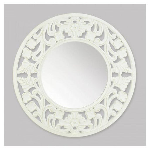 Round White Carved Wood Wall Mirror - Giftscircle