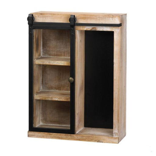 Rustic Open Wall Cabinet with Chalkboard Back and Glass Barn Door - Giftscircle