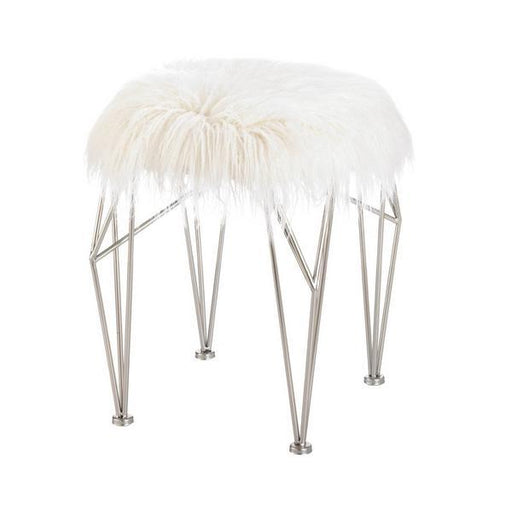 Silver Geometric Vanity Stool with White Faux Fur - Giftscircle