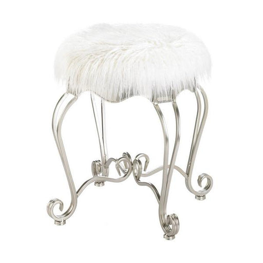Silver Scrolled Vanity Stool with White Faux Fur - Giftscircle