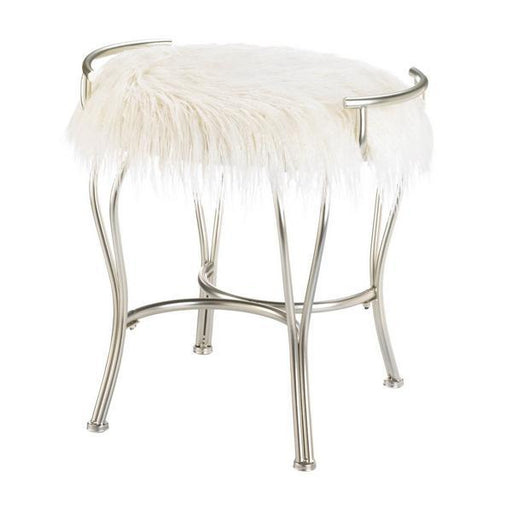 Silver Vanity Stool with White Faux Fur - Giftscircle