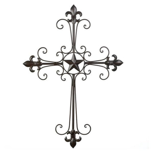 Wrought Iron Fleur de Lis Scrolled Wall Cross - Giftscircle