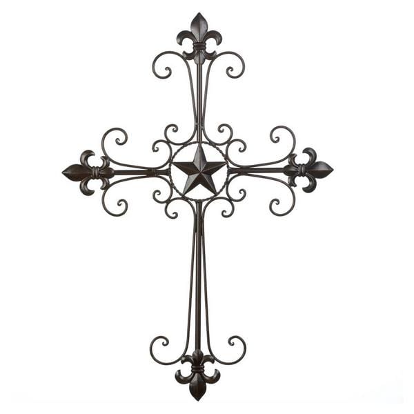 Wrought Iron Fleur de Lis Scrolled Wall Cross - Giftscircle